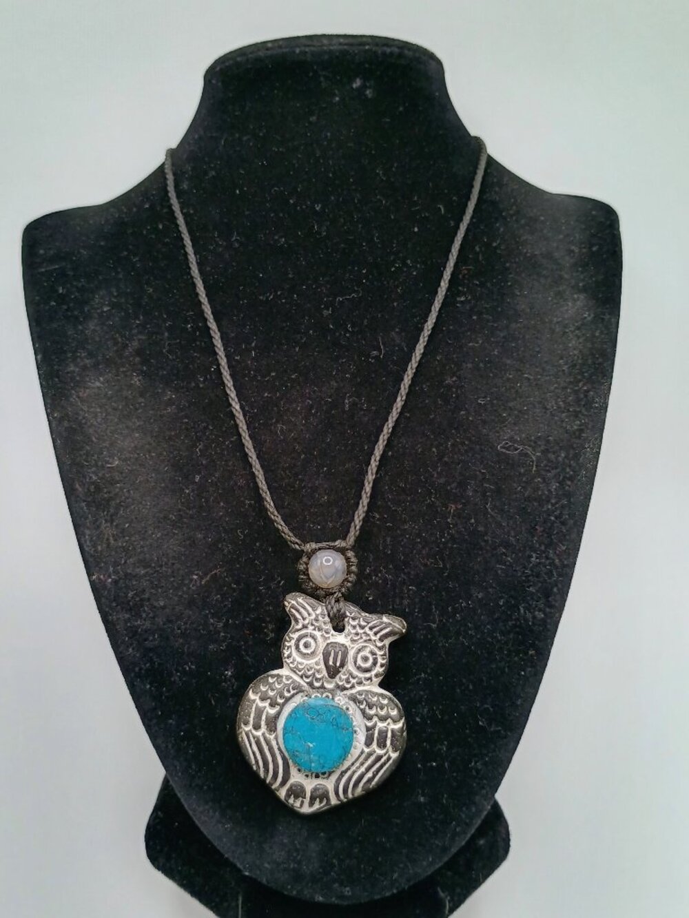 Handmade Macrame Owl Necklace with Carved Stone Pendant
